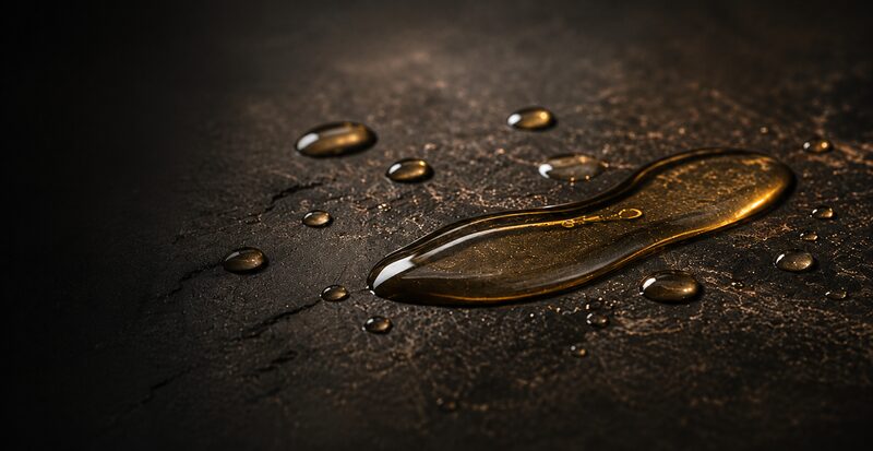 A pool of golden body oil and scattered droplets on dark stone.