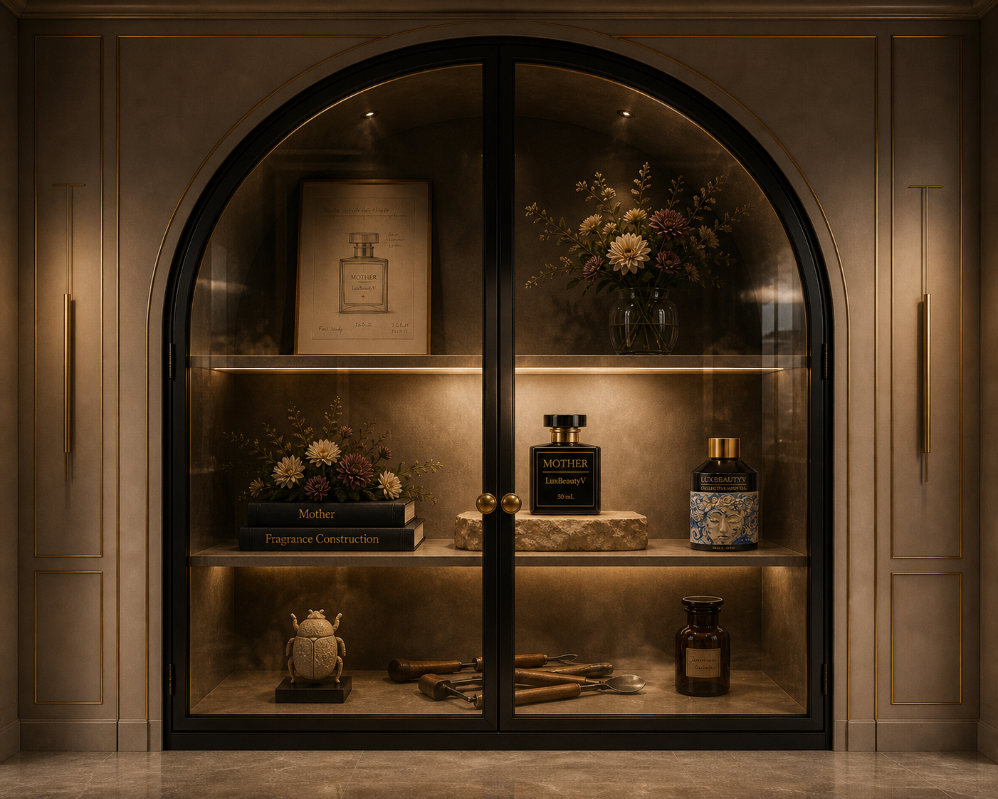 A lit, arched glass cabinet displaying the LuxBeautyV studies: a framed sketch, the Mother bottle on a stone slab, a porcelain face flacon, a beetle sculpture, and the artist's tools.