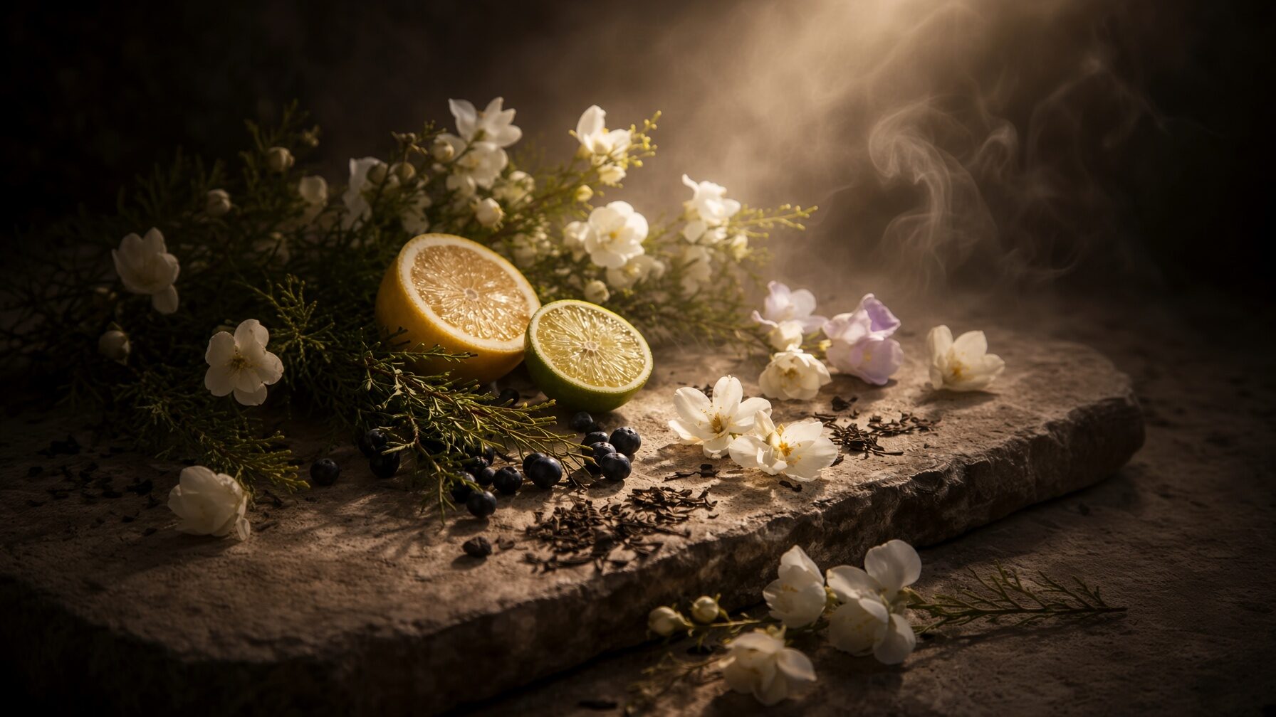 A still life of Light citrus, Juniper berry, Sweet pea, Coconut lime verbena, Sunflower, Jasmine, Lily of the valley, White tea, White musk — the composition of MOTHER.
