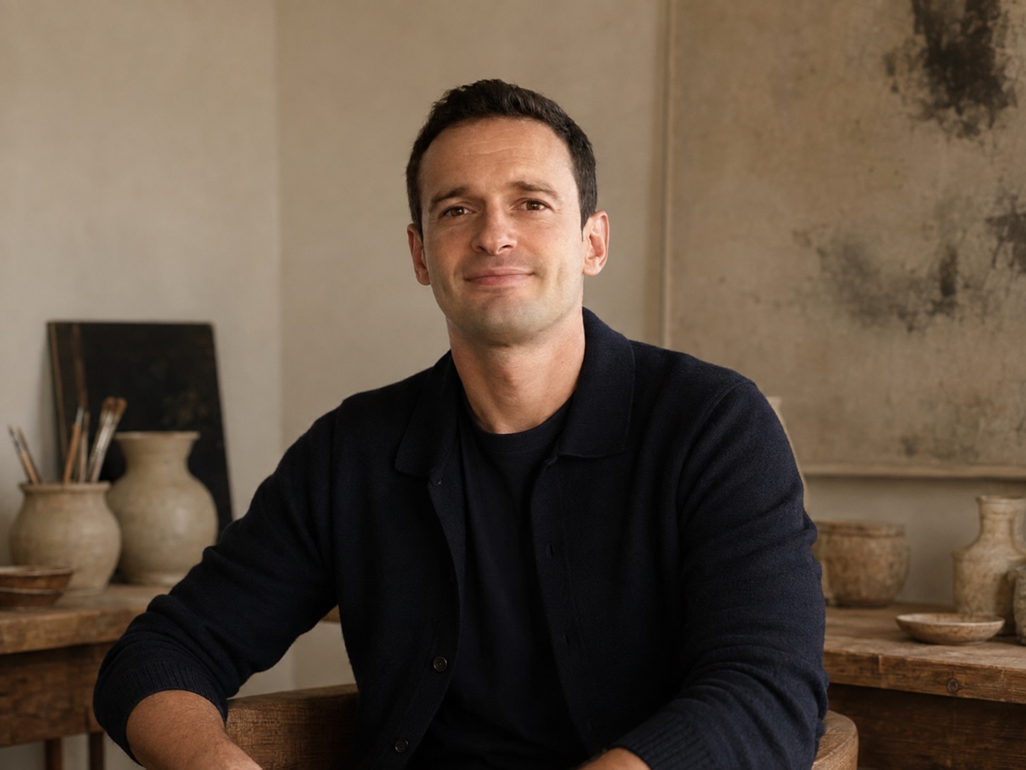 Portrait — Delyan Kosto in his studio, surrounded by ceramic vessels and tools.