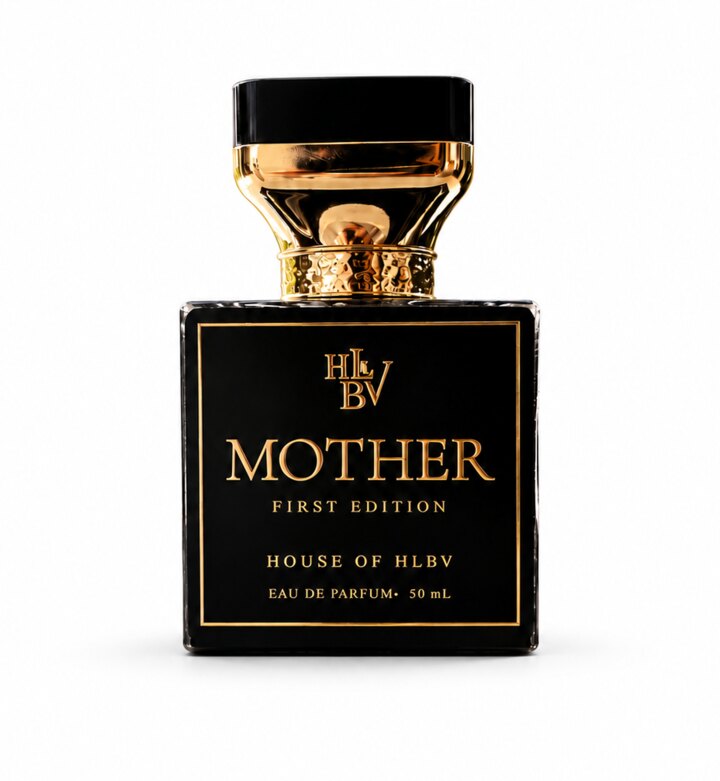 MOTHER First Edition eau de parfum, black glass bottle with gold cap on a white ground.
