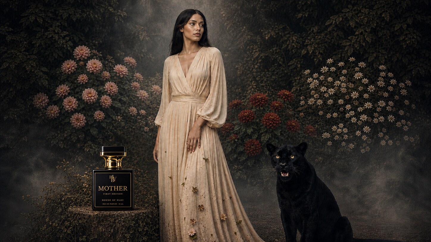 MOTHER — Patrice in a cream gown beside the bottle and a black panther.