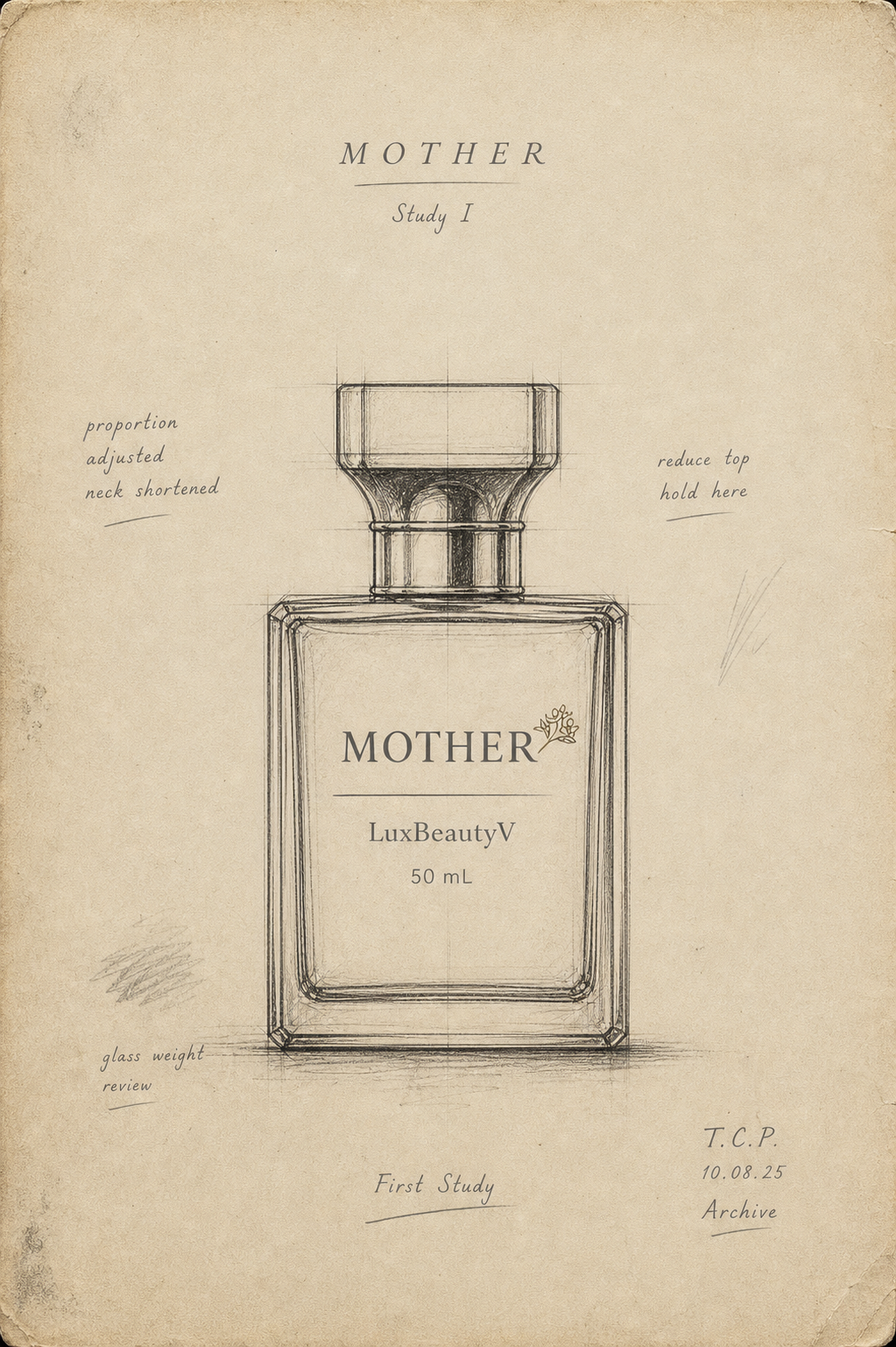 Archival pencil study of the Mother bottle, dated 10.08.25, with margin notes on proportion and weight.