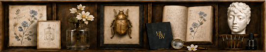 A wooden shadow box of curiosities — botanicals, a gilt beetle, books, and a plaster bust.