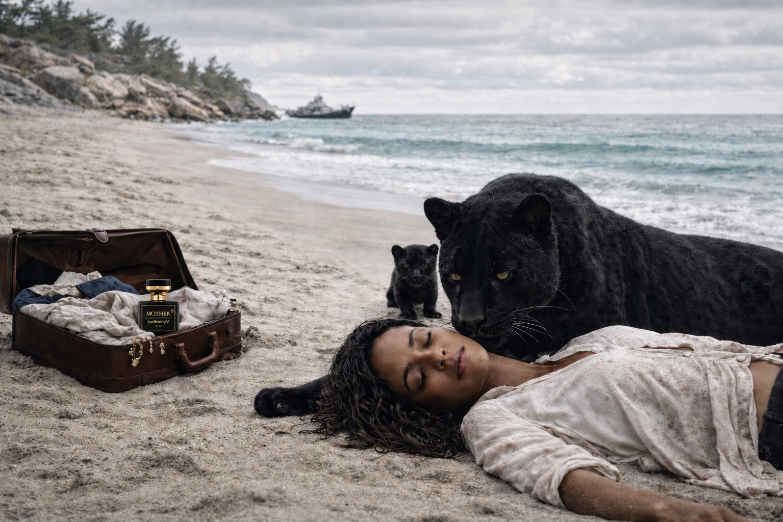 A woman lies sleeping on a quiet shore beside an open trunk; a black panther and her cub keep watch as a ship rests on the horizon.