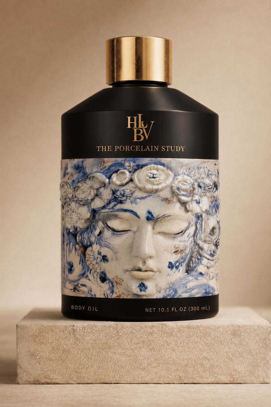 The Porcelain Study body oil — a porcelain face on a black vessel.