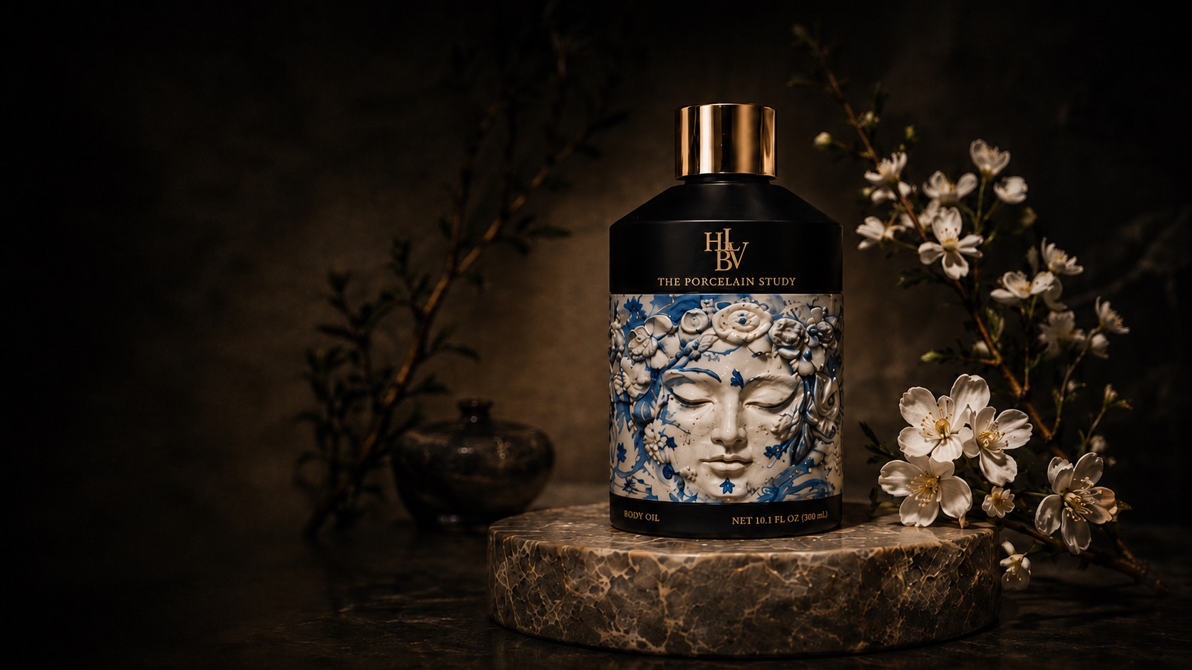 The Porcelain Study body oil bottle, hand-finished in porcelain, resting on marble beside white blossoms.