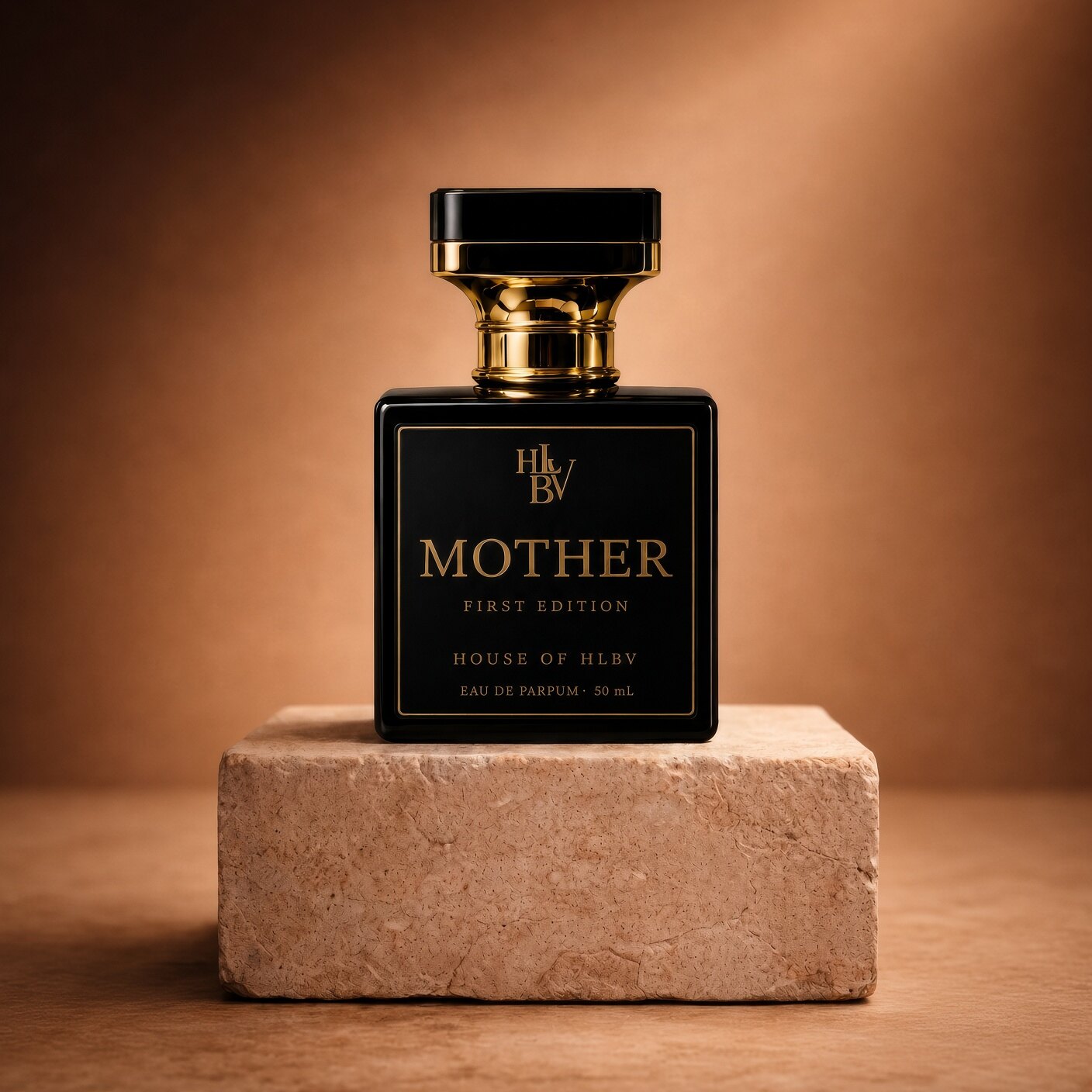 MOTHER First Edition eau de parfum standing on a stone pedestal